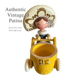 Vintage Wooden Figurine with Yellow Cart | Folk Art Style | Mid Century Nursery